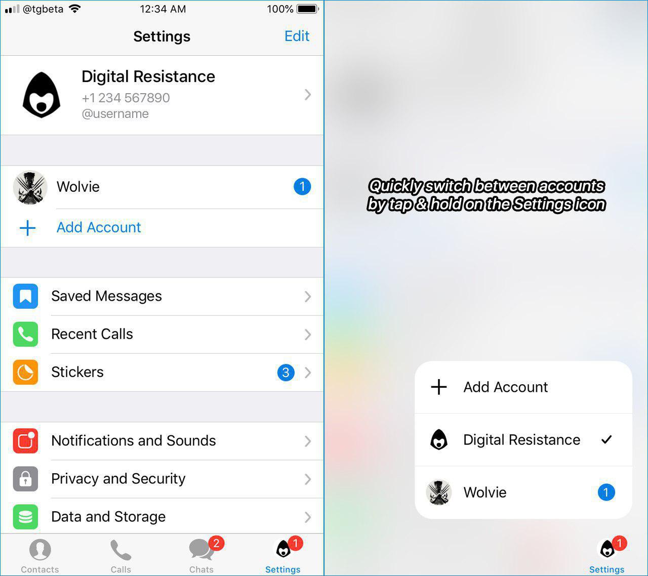 Telegram iOS 5.4的多个帐户