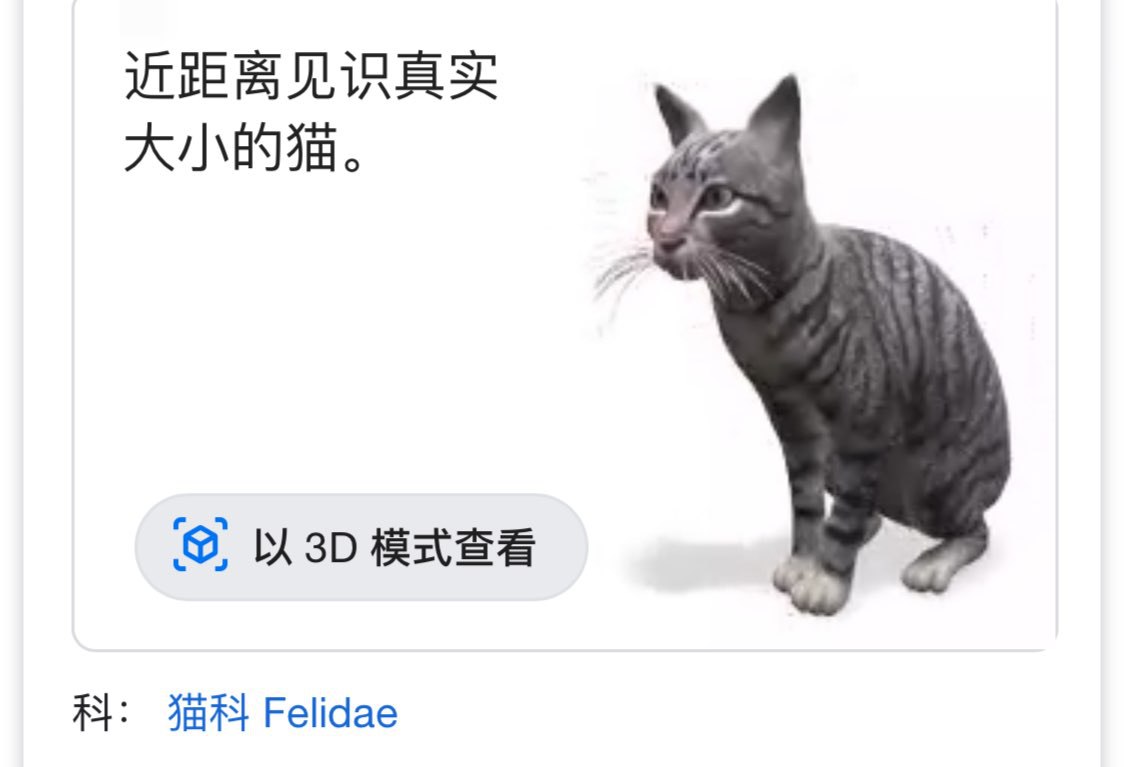 尝试谷歌搜索动物关键词,概括下面有“以3D模式查看”可投影到我们的现实场景(图片 1/2)