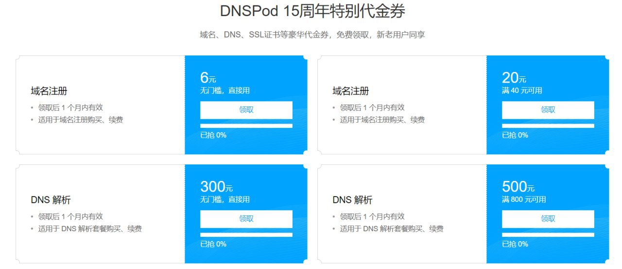 DNSPod 15周年特别代金券 无门槛券 https://cloud.tencent.com/act/pro/DNS…