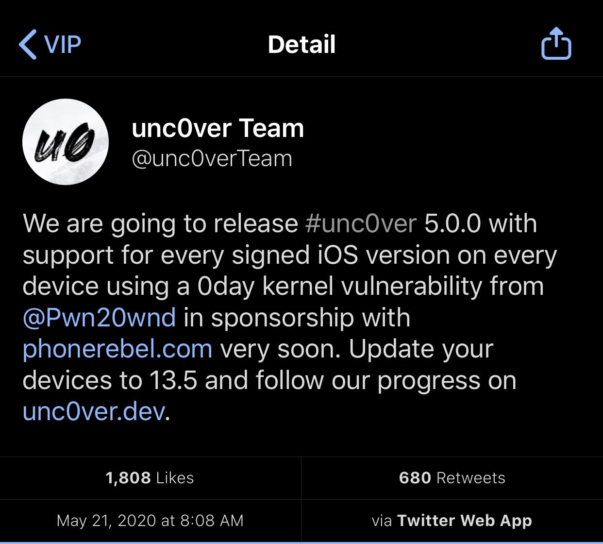 unc0ver 宣布他们将发布支持当前所有设备的可验证 iOS 版本的越狱工具 